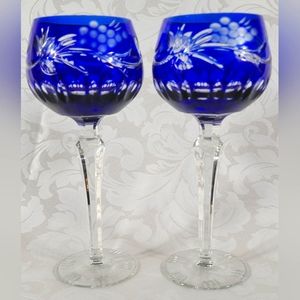 *Rare* Vtg Cobalt Cut to Clear Hock Wine Goblets 24% Lead Crystal